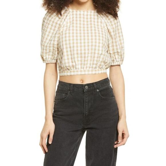 BP Gingham Balloon Sleeve Cotton Top Ivory Beige Size Small Chic leisure - Picture 2 of 8